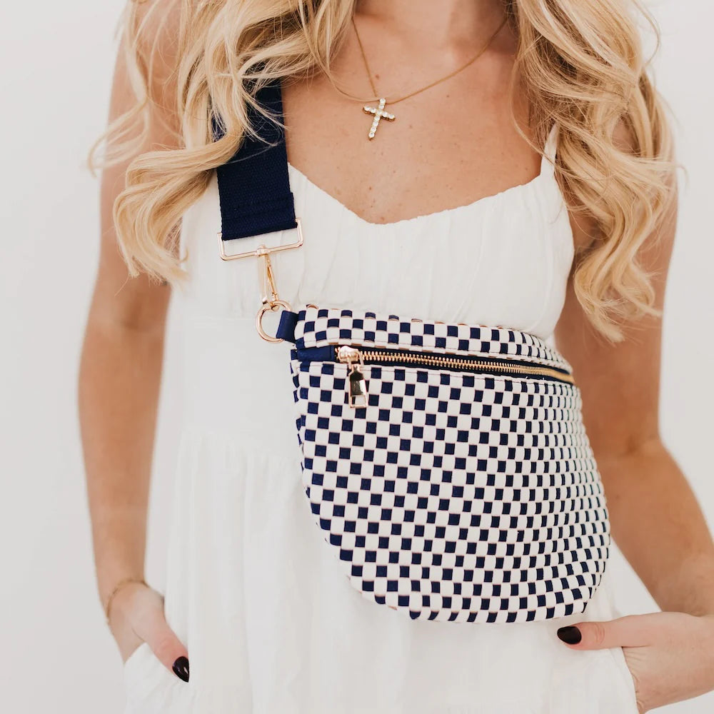 Crossbody Woven Belt Bag - Navy and White Checkered