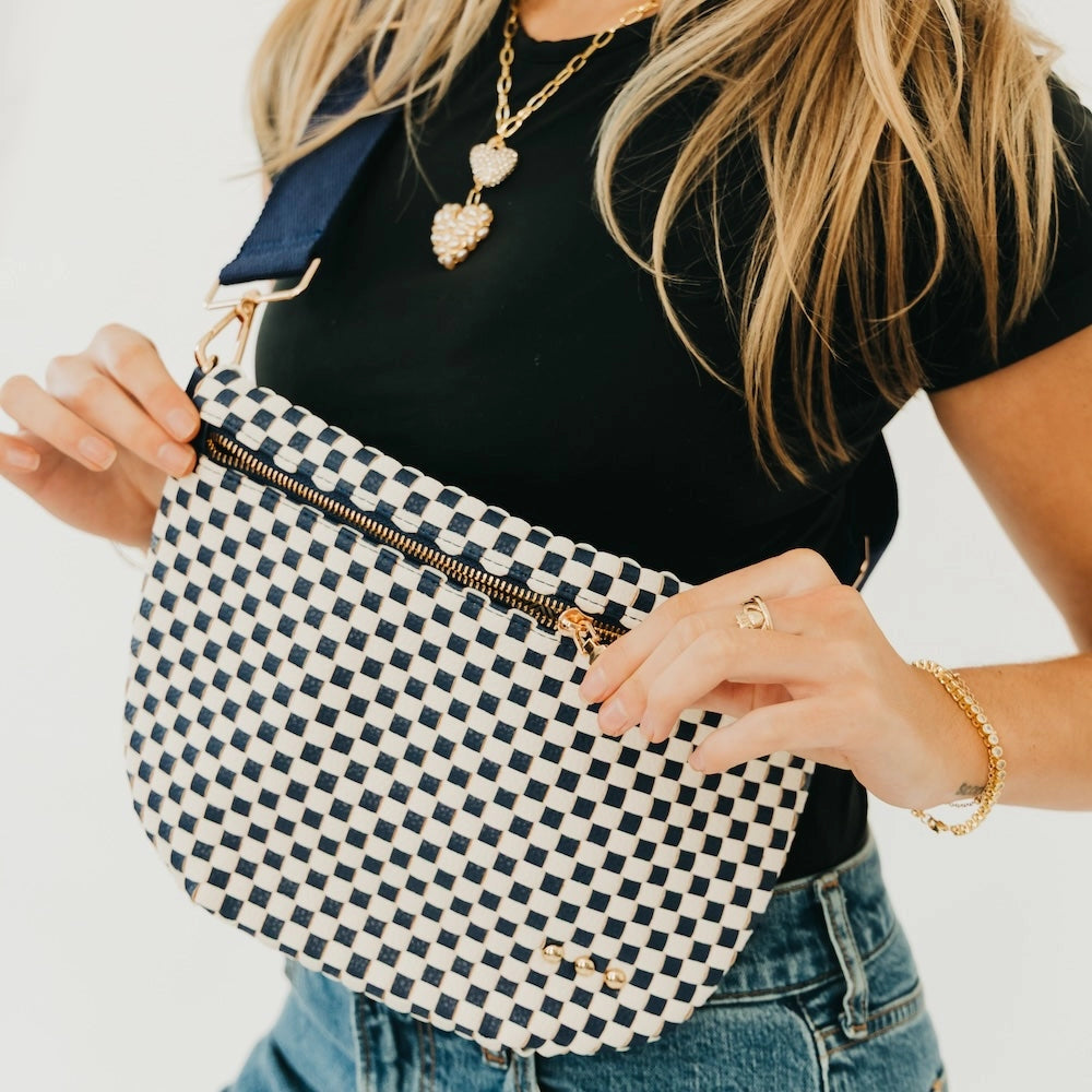 Crossbody Woven Belt Bag - Navy and White Checkered