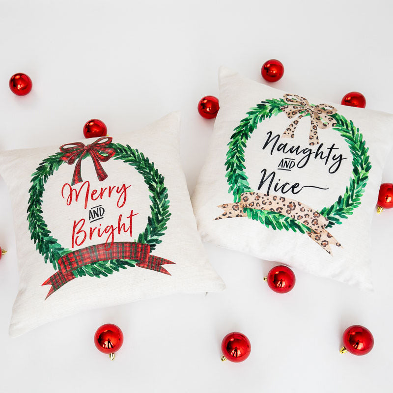 Pillow Personalized- Red Plaid Wreath Merry and Bright