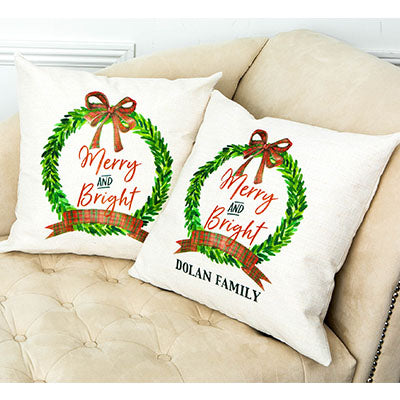 Pillow Personalized- Red Plaid Wreath Merry and Bright