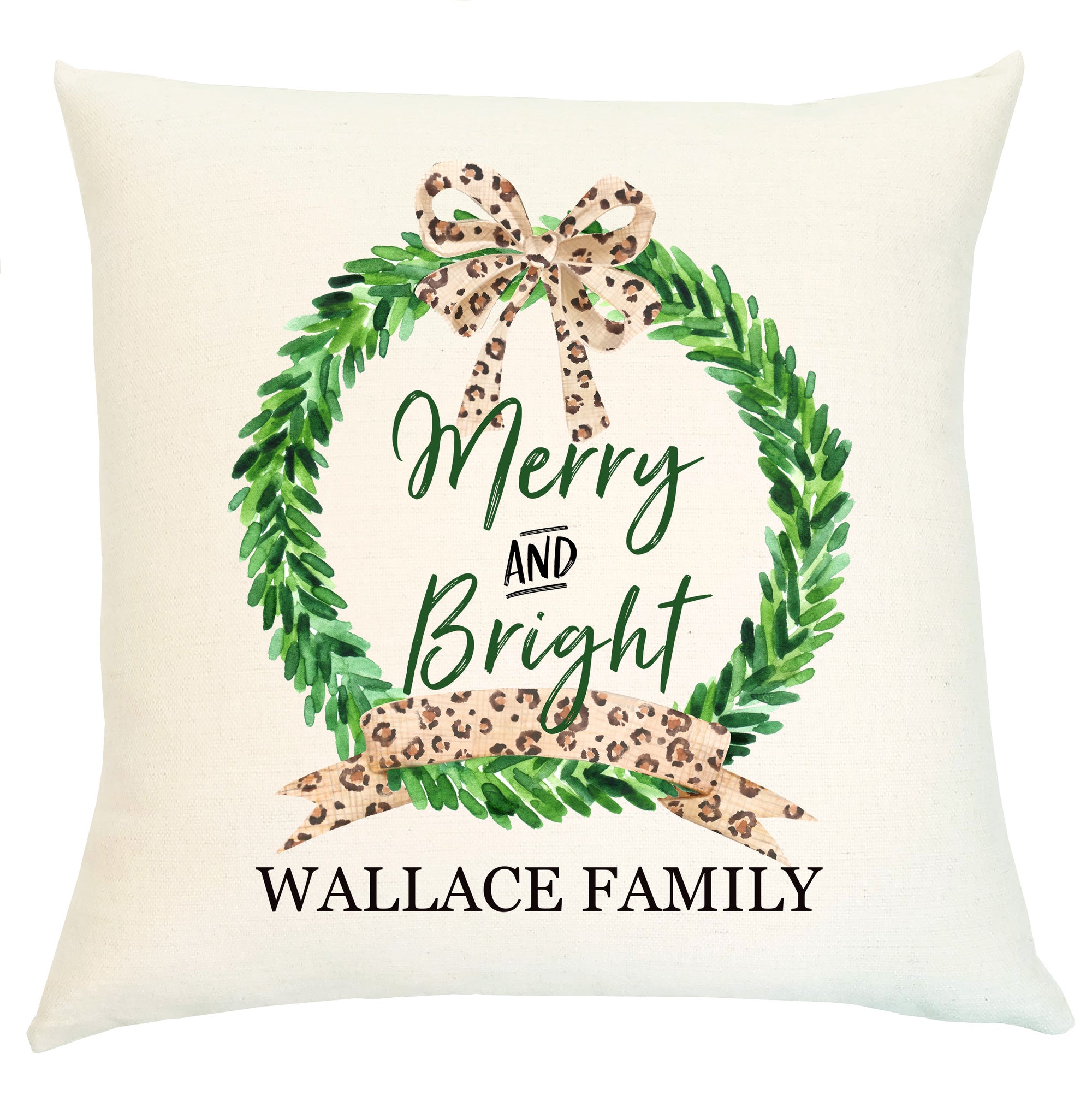 Pillow Personalized - Wreath Leopard Merry and Bright