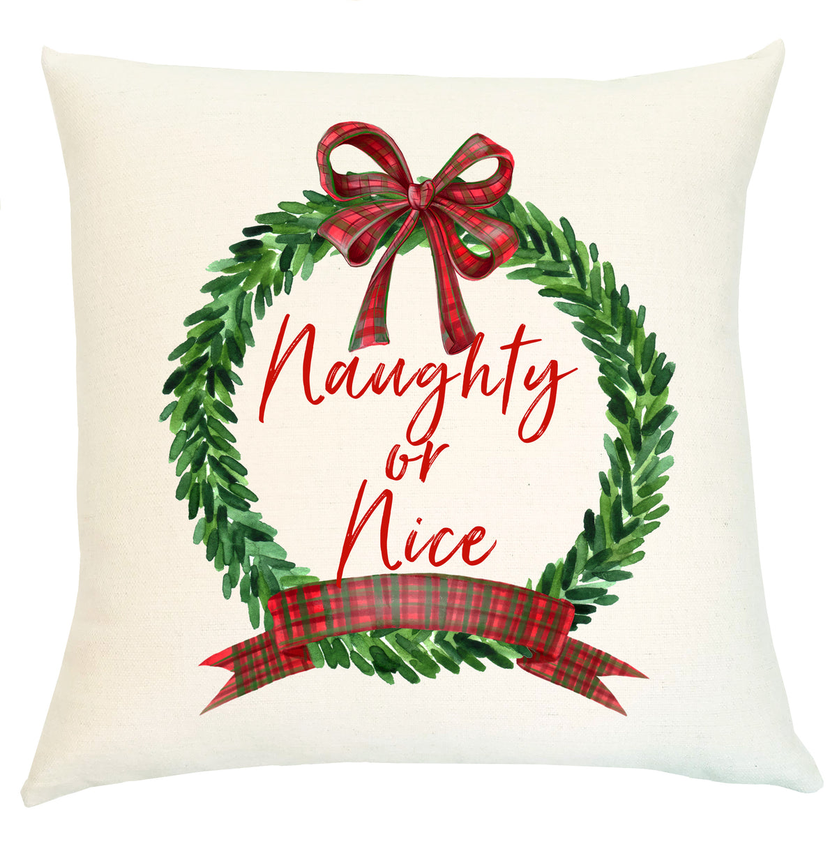 Pillow - Wreath Red Plaid Naughty Or Nice